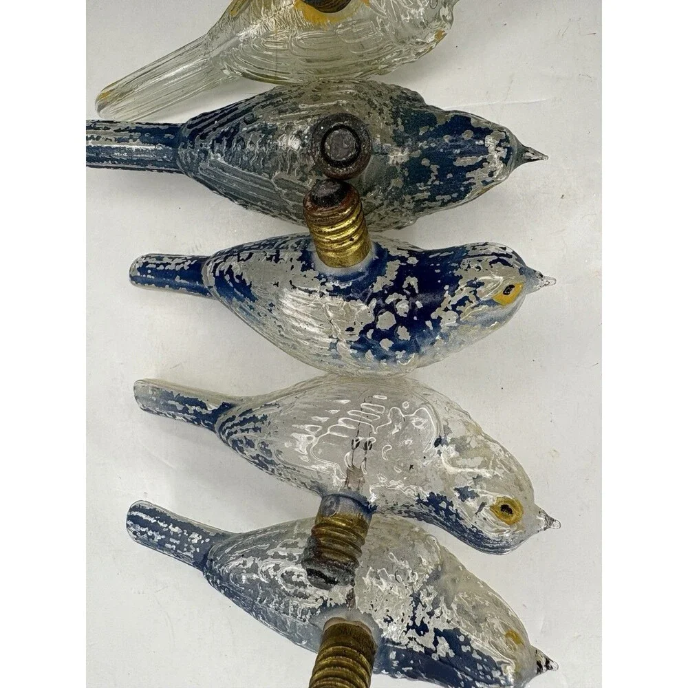 Bird Light Bulb Ornament Clear Glass Painted Blue Old• 5 Pc • Christmas Vintage